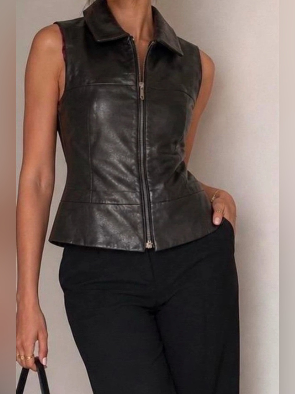 Leather Zip Up Fitted Vest Womens Lg Black Vintage Pink Label Wilsons Whimsigoth